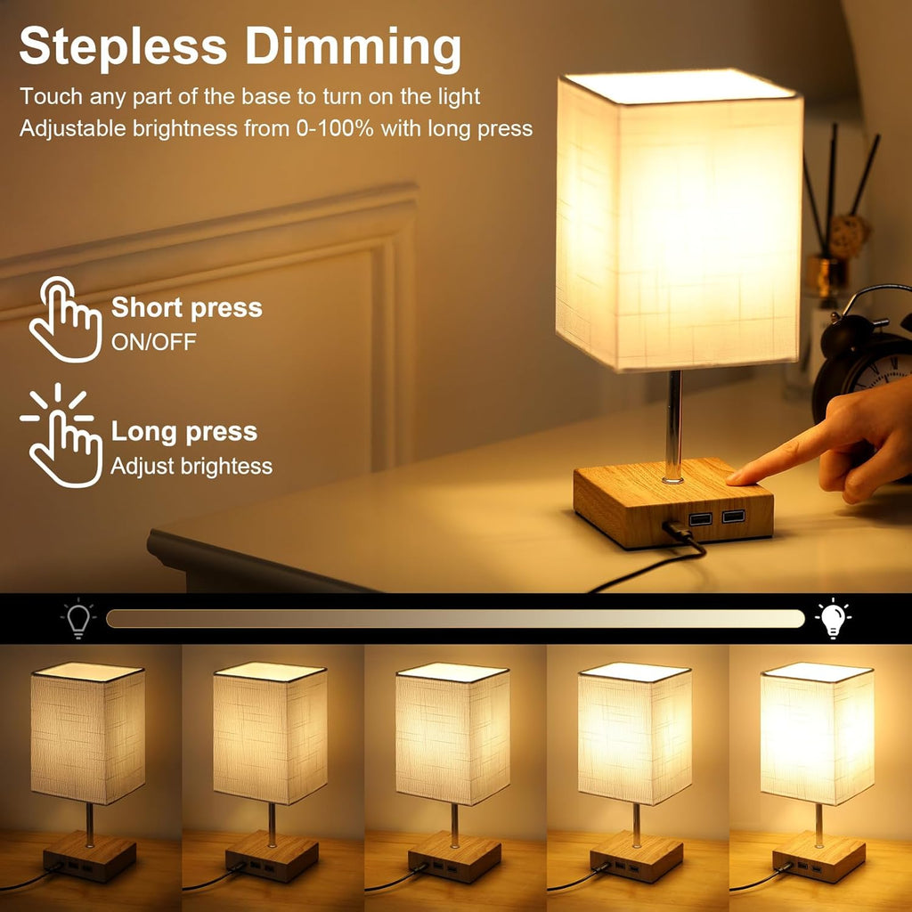 Lightsjoy Touch Bedside Lamps 2-Pack | Stepless Dimmable USB C & A