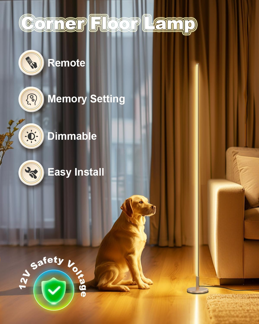 TACAHE LED Corner Floor Lamp – Dimmable Minimalist Mood Light, 57" Gold