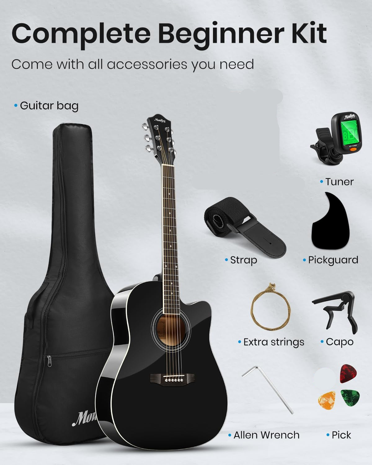 Moukey 41 Inch Full Size Acoustic Guitar – Cutaway Beginner Starter Kit