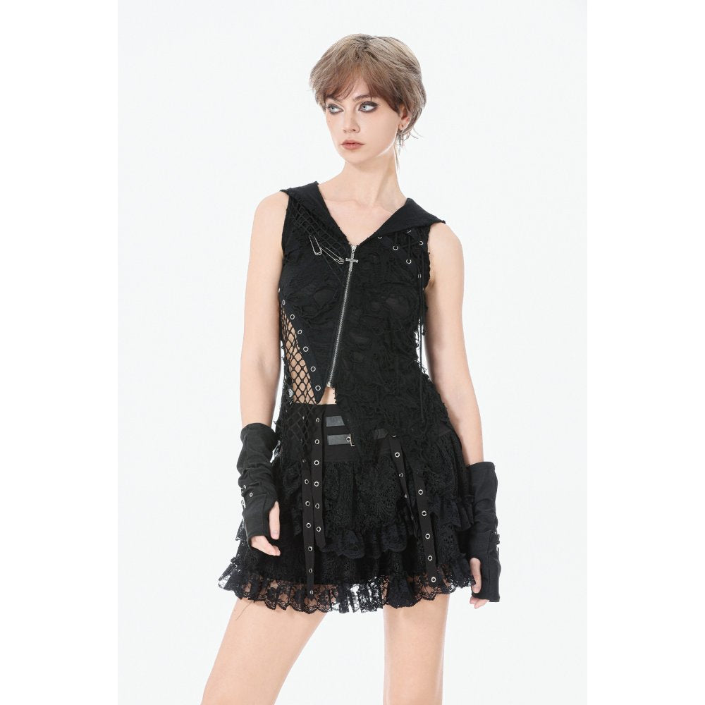 Dark in Love Rebel Punk Asymmetric Hooded Top | Mesh & Eyelet Detail