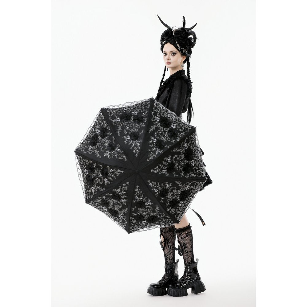 Dark in Love Belladonna Embroidered Folding Parasol – Black Gothic Sunshade