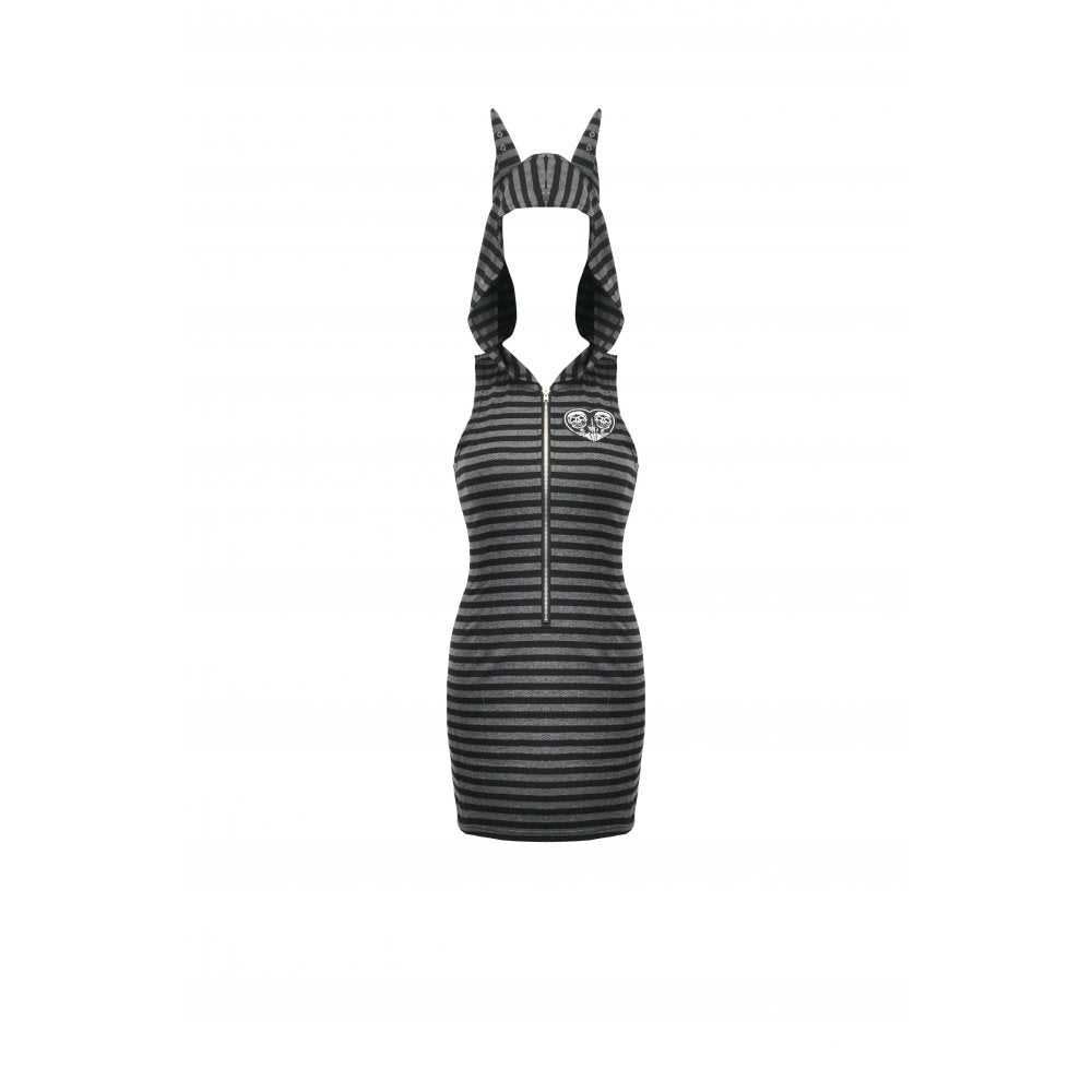 Dark In Love Salem Striped Cat Ear Hoodie Dress – Grey & Black Goth