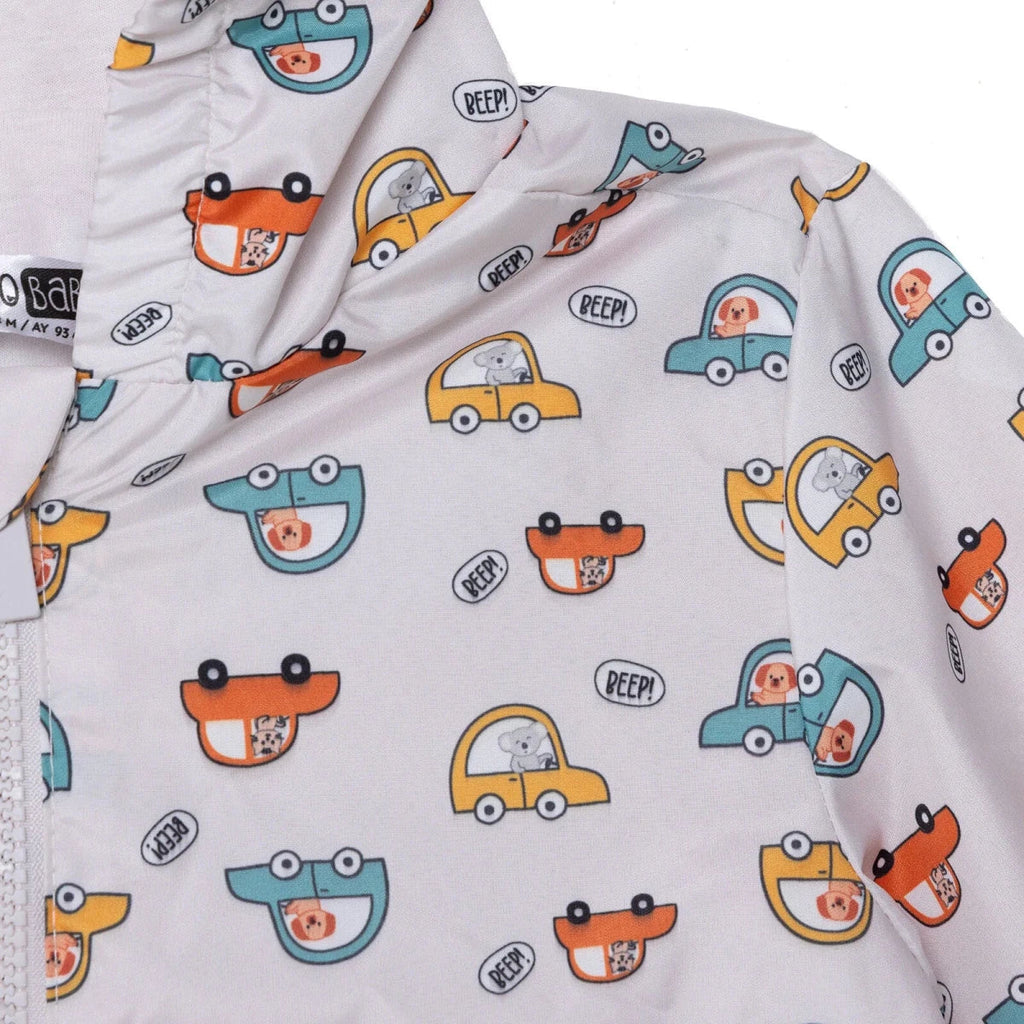 HelloBaby Boys Raincoat Car Print Zip Fastening Hooded Long Sleeve - Ecru Printed