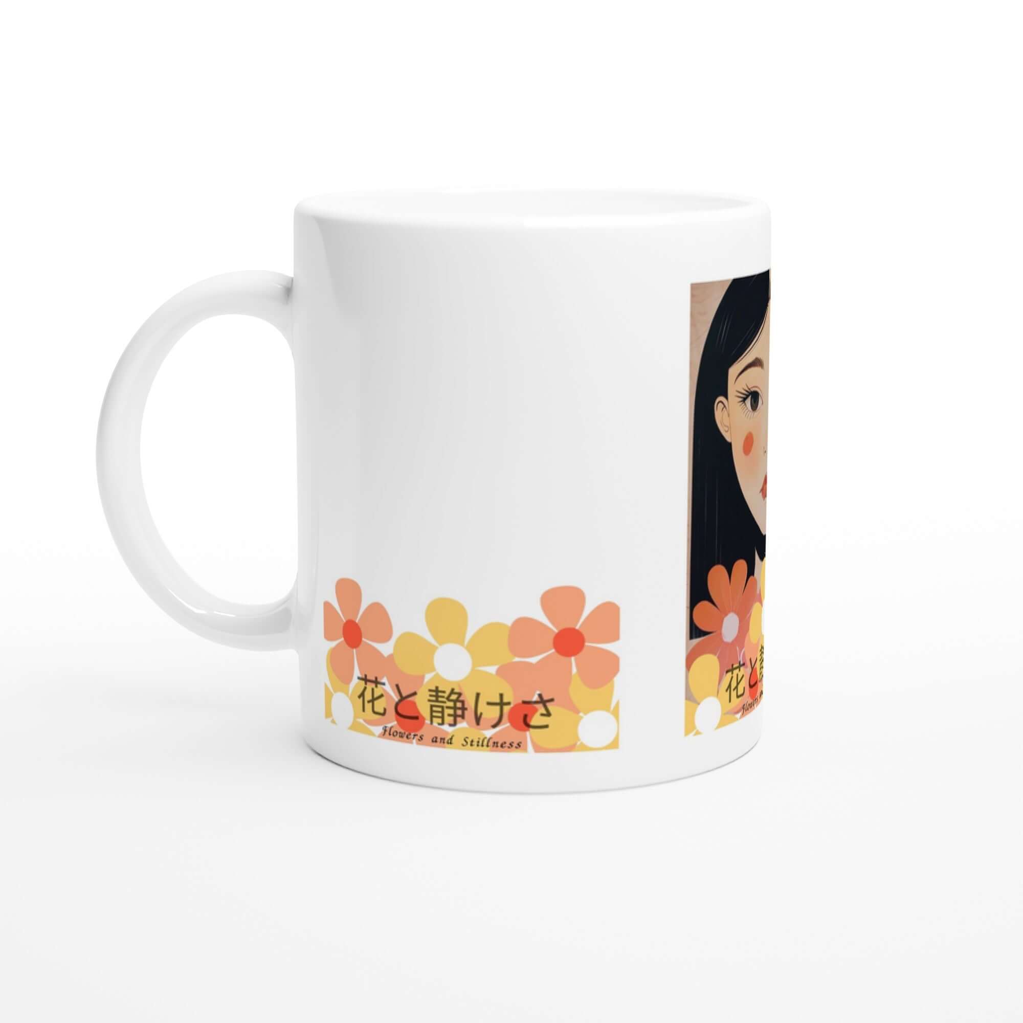 Flowers & Stillness Mug – Japanese Portrait Ceramic Coffee Cup – Tranquil Floral Gift for Tea or Coffee Lovers