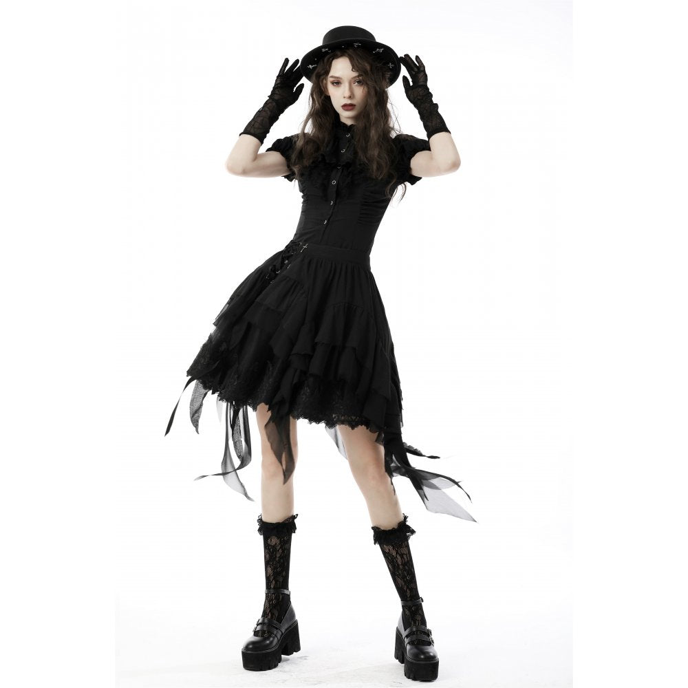 Dark In Love Sinead Black Gothic Blouse – Short Puff Sleeve Ruffle Collar