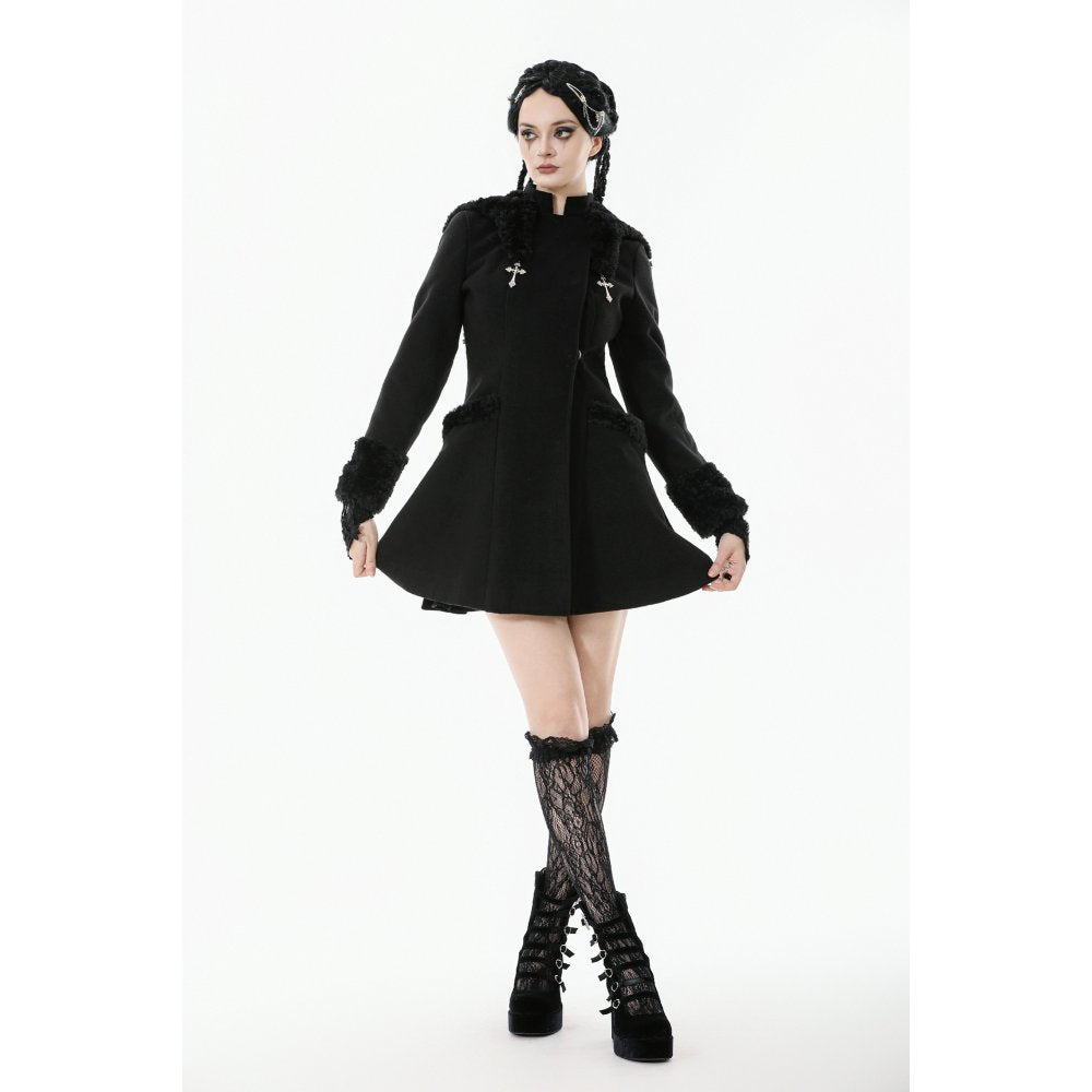 Dark in Love Cat-Ear Faux Fur Trim Gothic A-Line Skater Coat