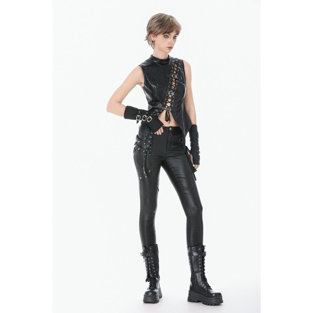 Dark in Love Punk Leather-Look Strap Detail Trousers | High-Waisted