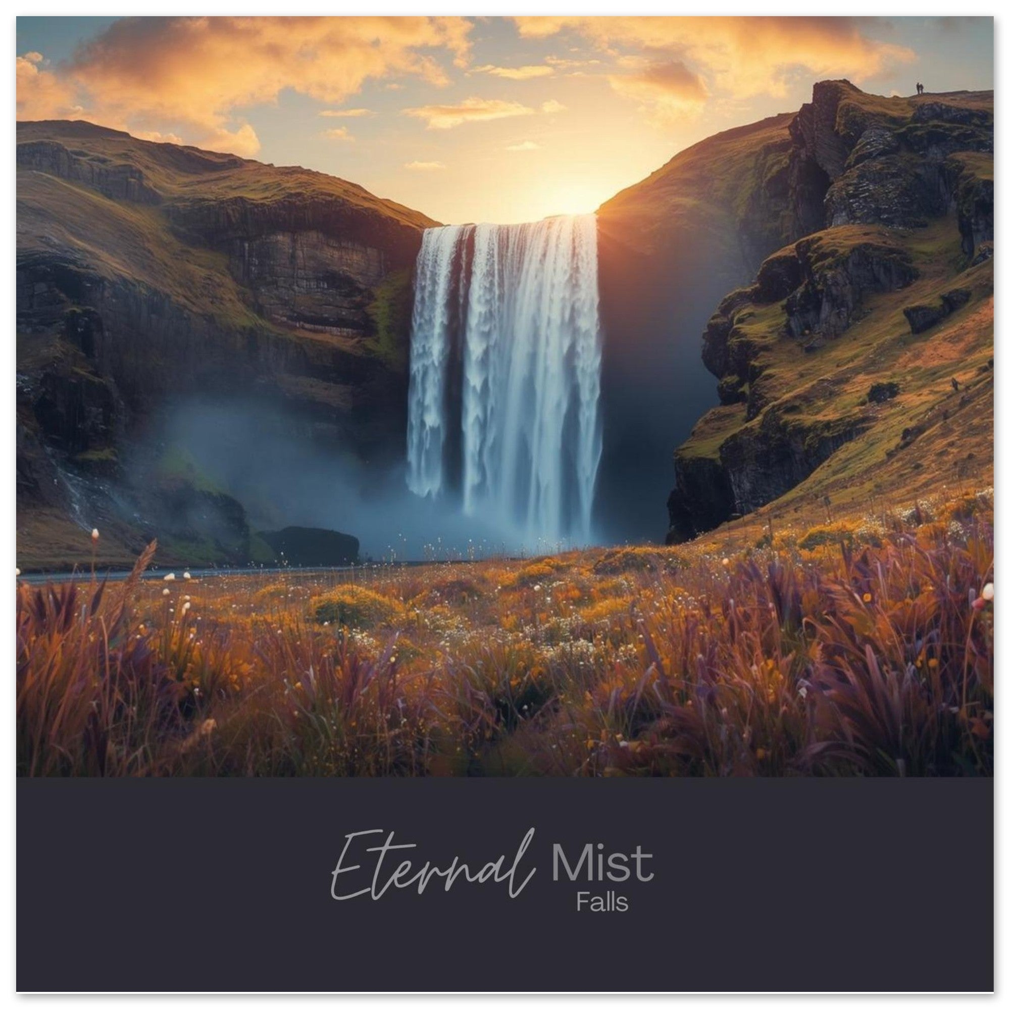 Eternal Mist Waterfall Poster | Sunset Landscape Wall Art | Modern Nature Decor