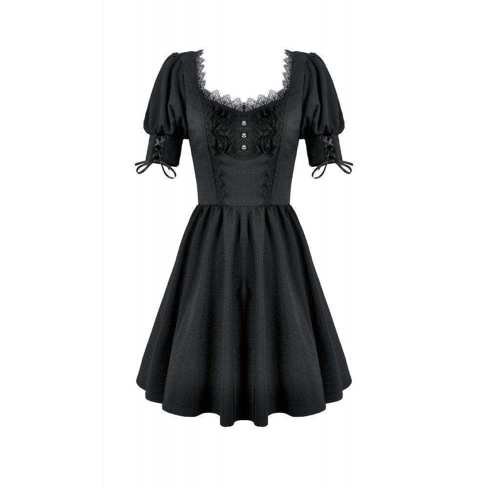 Dark in Love Gothic Lace Square-Neck Puff Sleeve Dress – Black