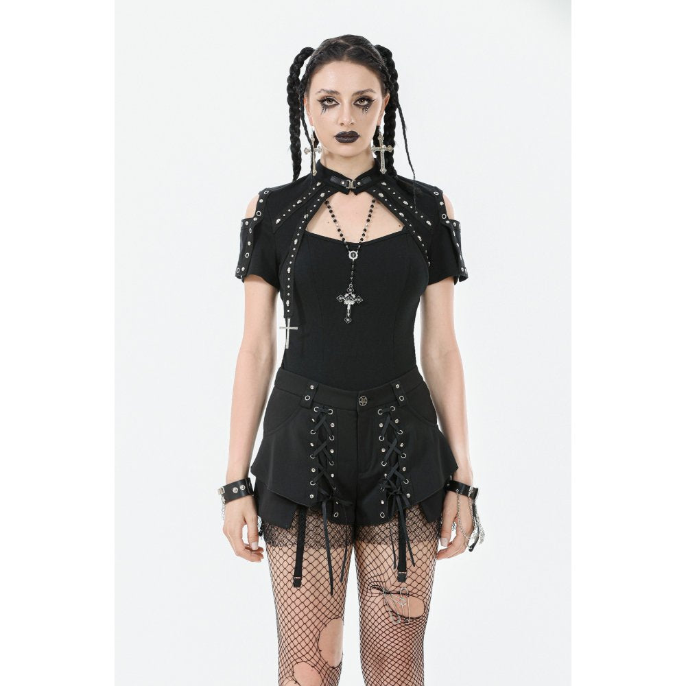 Dark in Love Seraphine Black Lace Off-Shoulder Goth Top with Cross