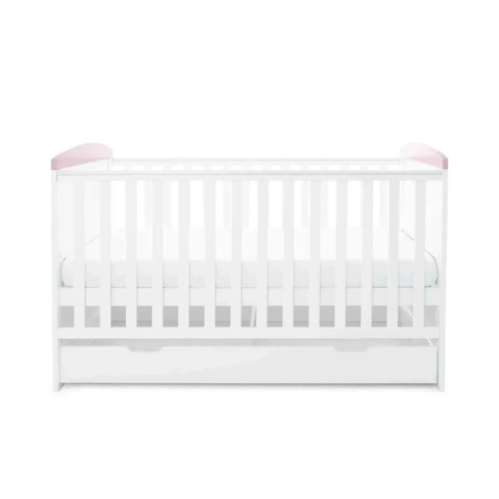 Ickle Bubba Coleby Style Cot Bed with Under Drawer Elephant Love Pink - Premium Sprung Mattress