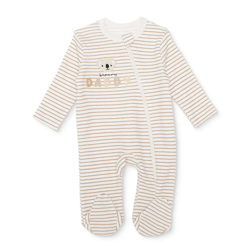Baby Boy Footed Sleepsuit Striped Zip Fastening Crew Neck - Beige