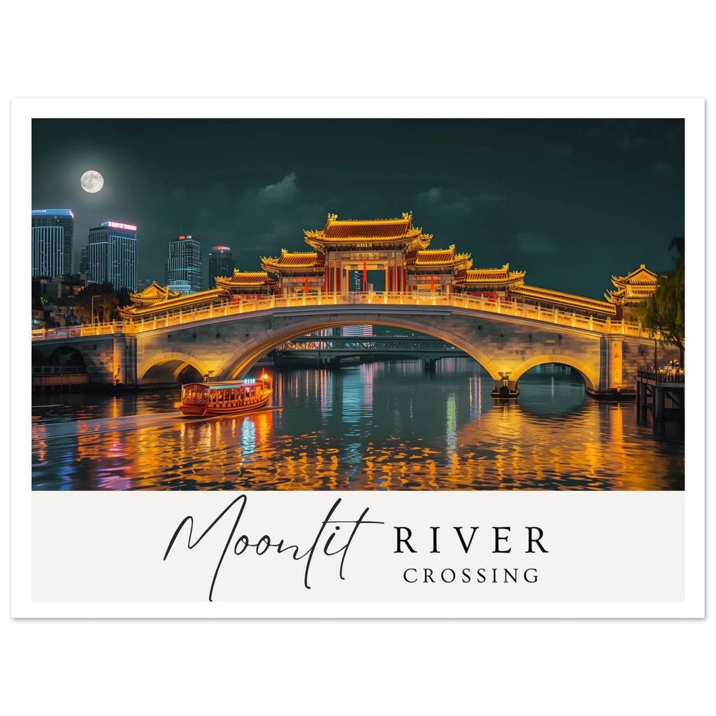 Moonlit River Crossing Poster - Illuminated Bridge Night Scene - Modern Landscape Wall Art Print