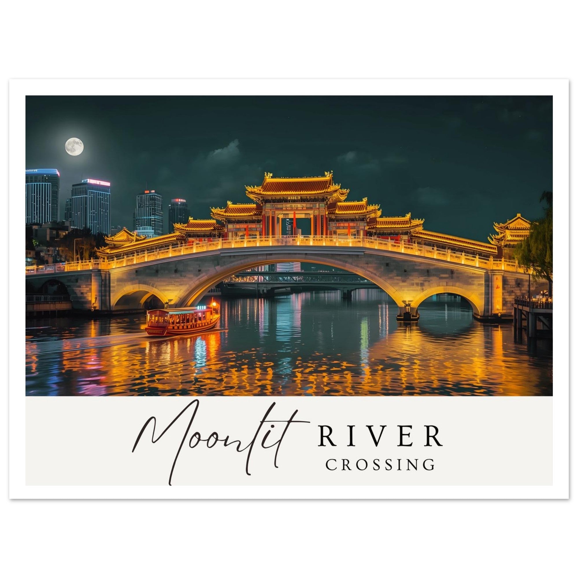 Moonlit River Crossing Poster - Illuminated Bridge Night Scene - Modern Landscape Wall Art Print
