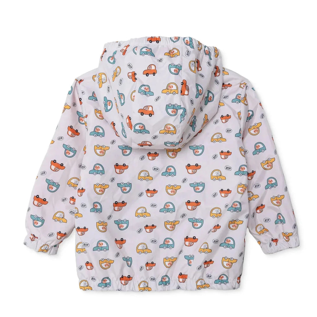 HelloBaby Boys Raincoat Car Print Zip Fastening Hooded Long Sleeve - Ecru Printed