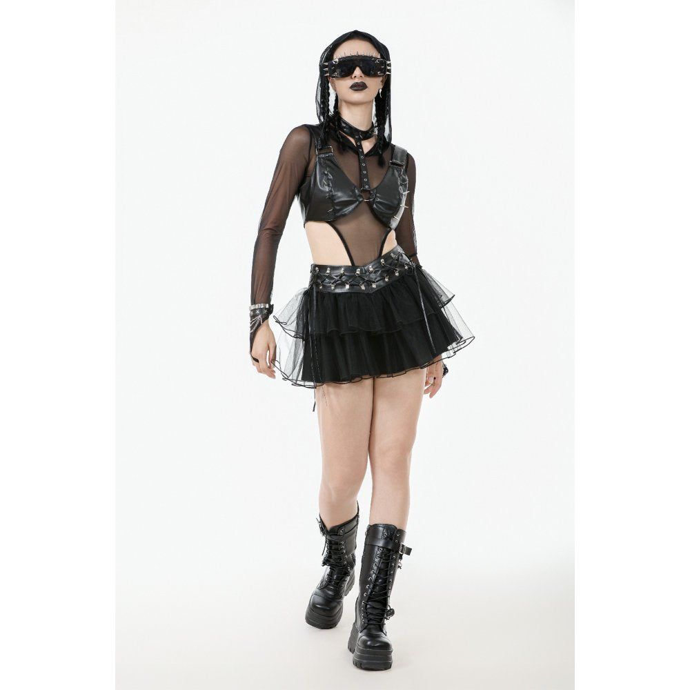 Dark in Love Black Tulle Layered Goth Mini Skirt with Studded Waist