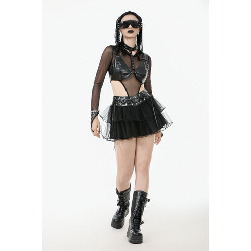 Dark in Love Black Tulle Layered Goth Mini Skirt with Studded Waist