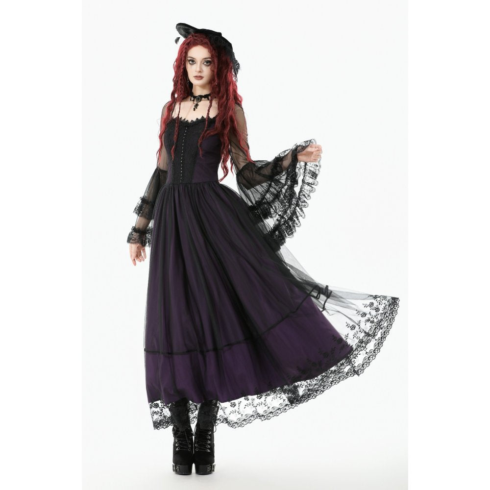 Dark in Love Lilith Gothic Maxi Dress – Black & Plum Bell Sleeve