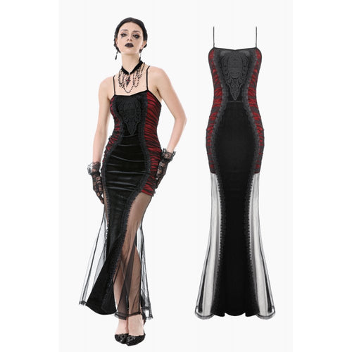 Dark in Love Lilith Goth Gown – Red & Black Velvet Mesh Panel Dress