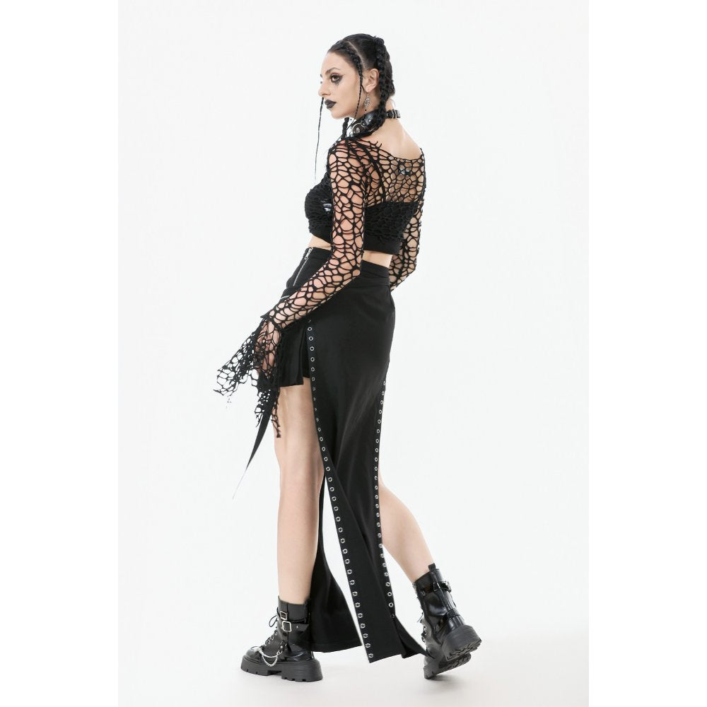 Dark in Love Morana Black Mesh Crochet Knit Bell Sleeve Crop Top