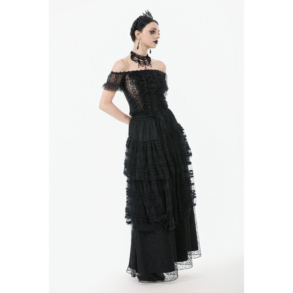 Dark in Love Morticia Gothic Velvet & Lace Tiered Skirt in Black