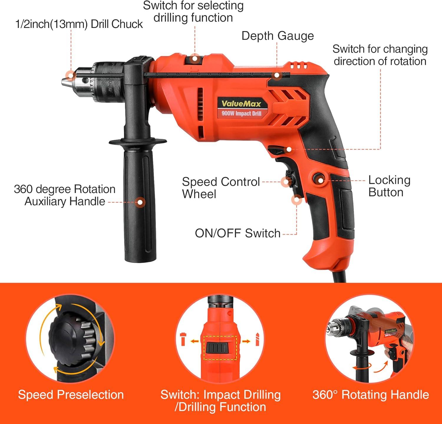 ValueMax 900W Corded Impact Drill - 13mm Chuck Variable Speed Combi Tool