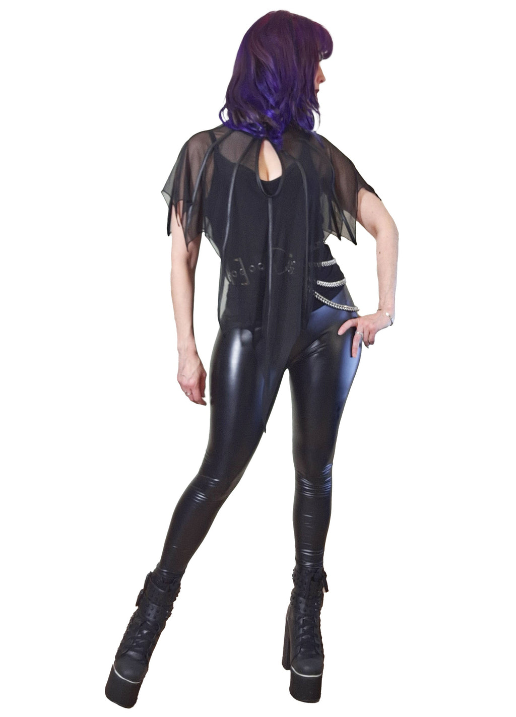 Necessary Evil Leutogi Black Mesh Bat Wing Cape Top with Faux Leather