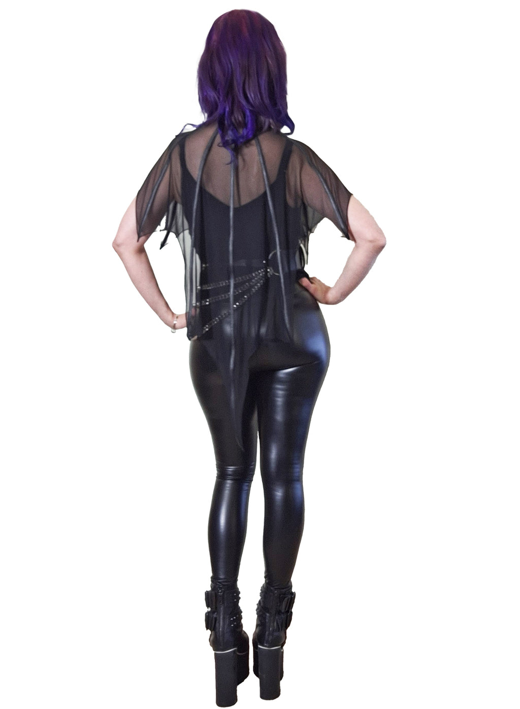 Necessary Evil Leutogi Black Mesh Bat Wing Cape Top with Faux Leather