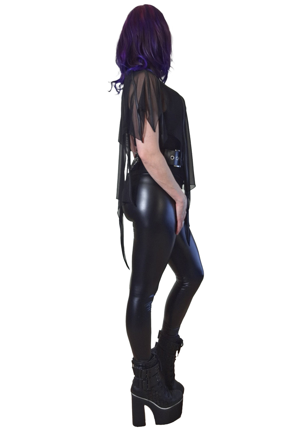 Necessary Evil Leutogi Black Mesh Bat Wing Cape Top with Faux Leather