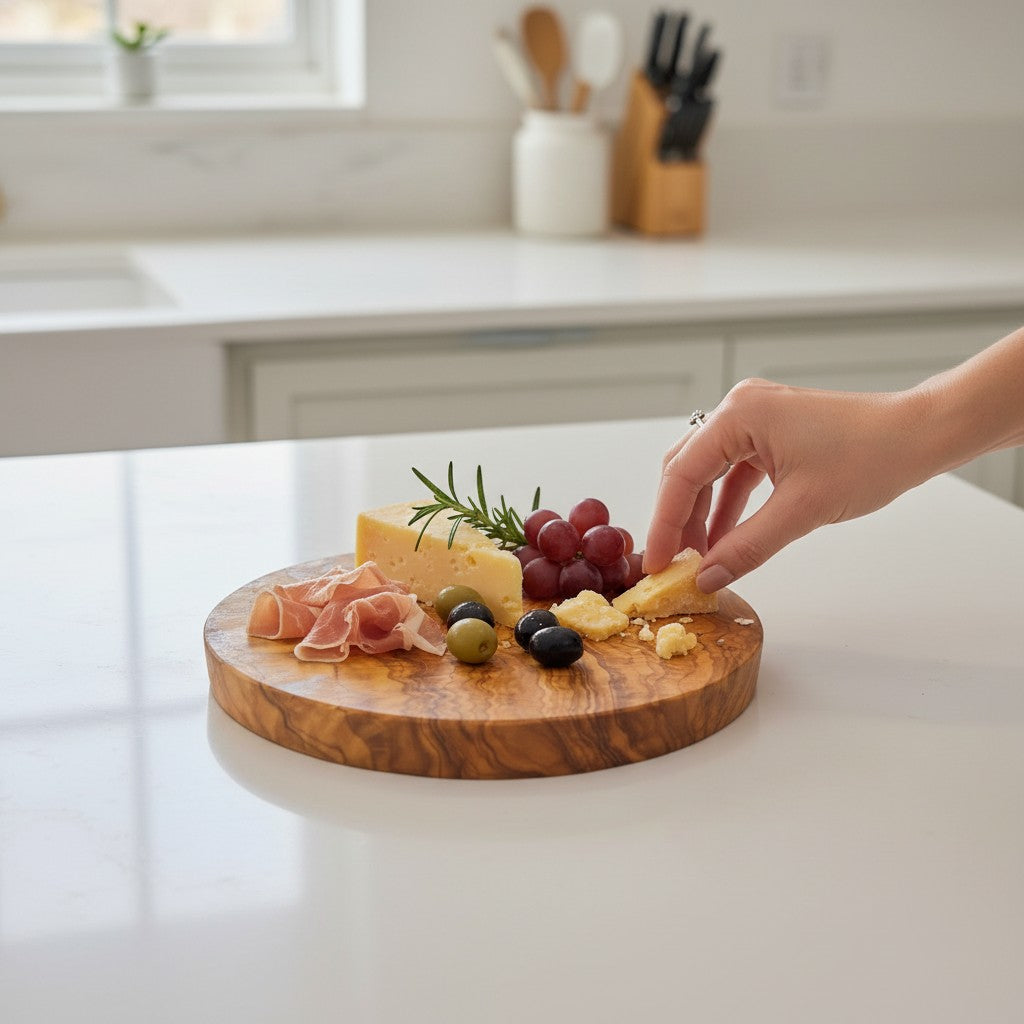 Handmade Round Olive Wood Cutting Board | Thick Circle Cheese & Serving Board | Stunning Natural Grain | 15–40 cm