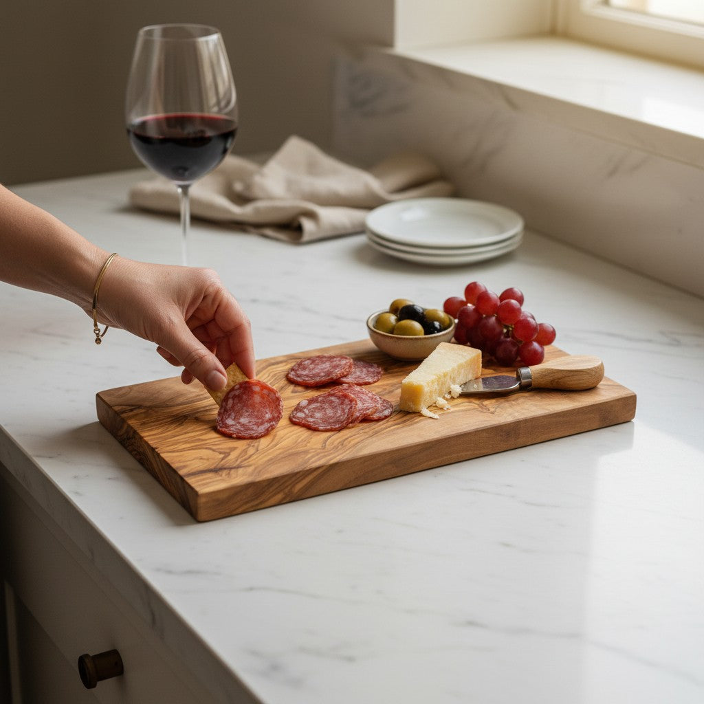 Handmade Olive Wood Rectangular Cutting Board | Thick Flat Cheese & Charcuterie Serving Board | Beautiful Natural Grain | 30–40 cm