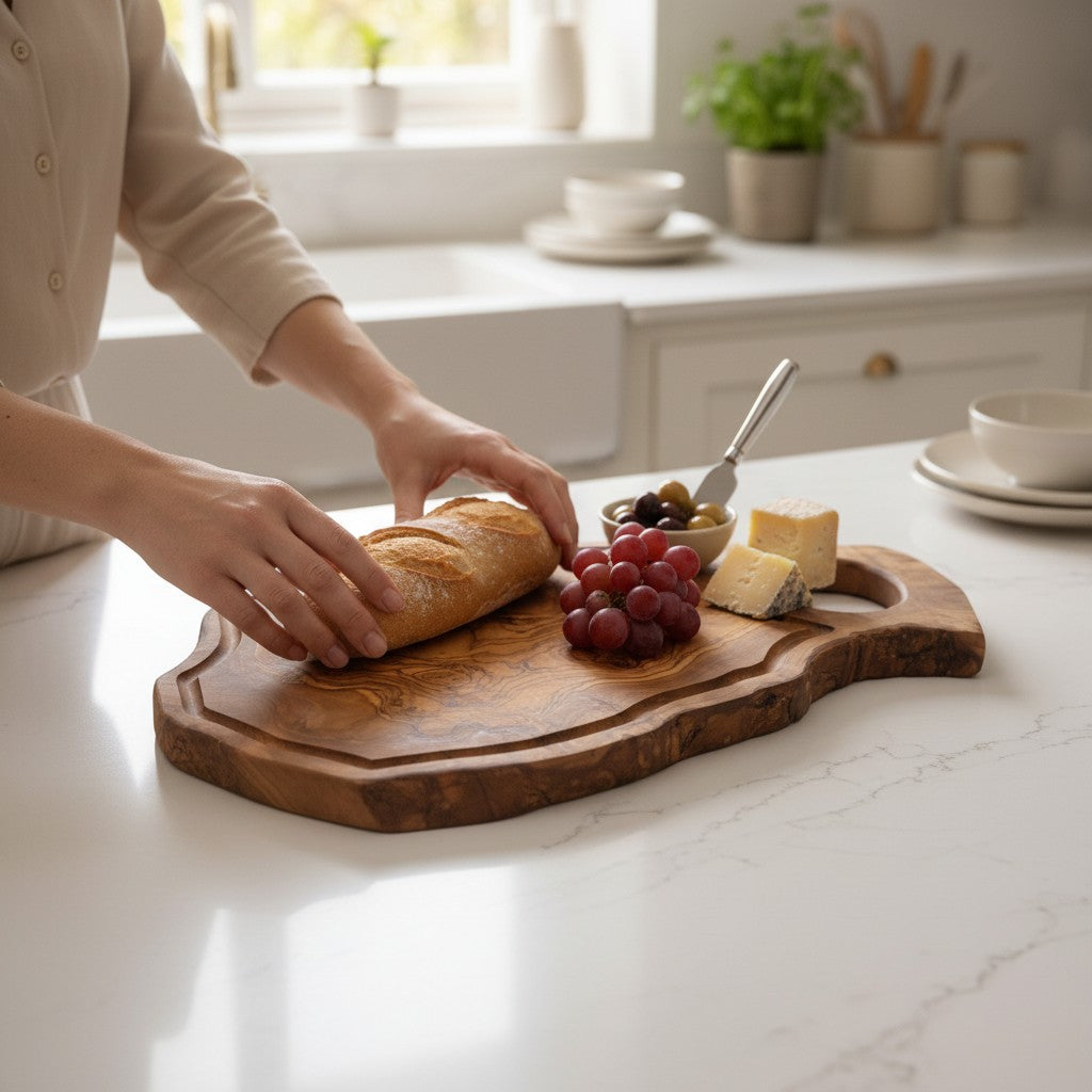 Handmade Olive Wood Burl Board with Handle & Juice Groove | Live Edge Freeform Charcuterie & Serving Board | Unique Grain | Multiple Sizes