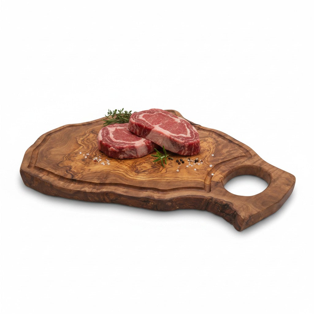 Handmade Olive Wood Burl Board with Handle & Juice Groove | Live Edge Freeform Charcuterie & Serving Board | Unique Grain | Multiple Sizes
