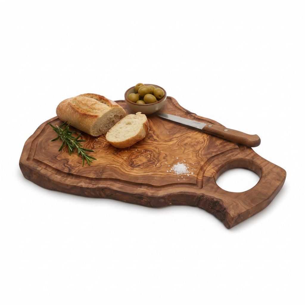 Handmade Olive Wood Burl Board with Handle & Juice Groove | Live Edge Freeform Charcuterie & Serving Board | Unique Grain | Multiple Sizes