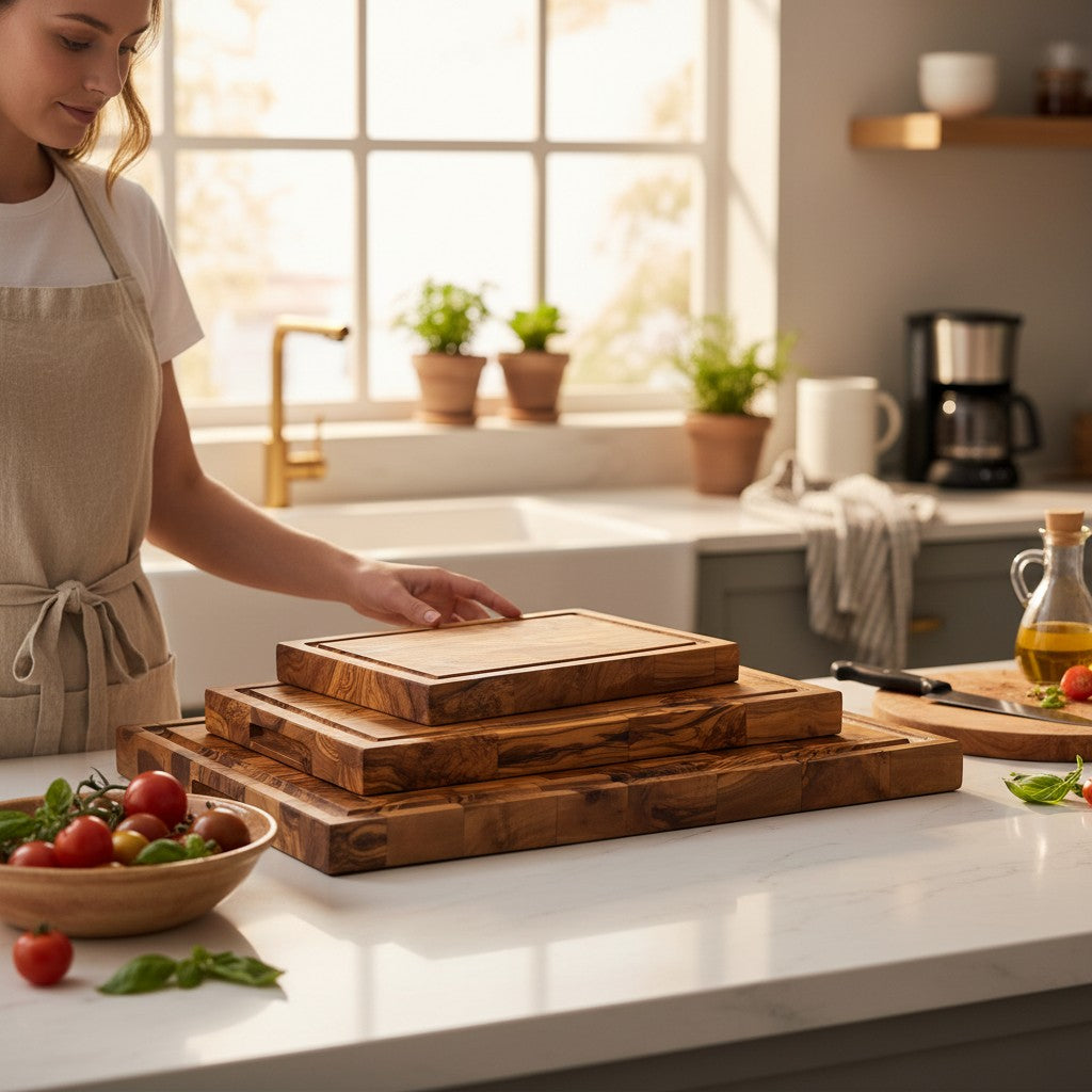 Professional Rectangular End Grain Olive Wood Cutting Board - Heavy Duty Butcher Block with Juice Groove & Handles