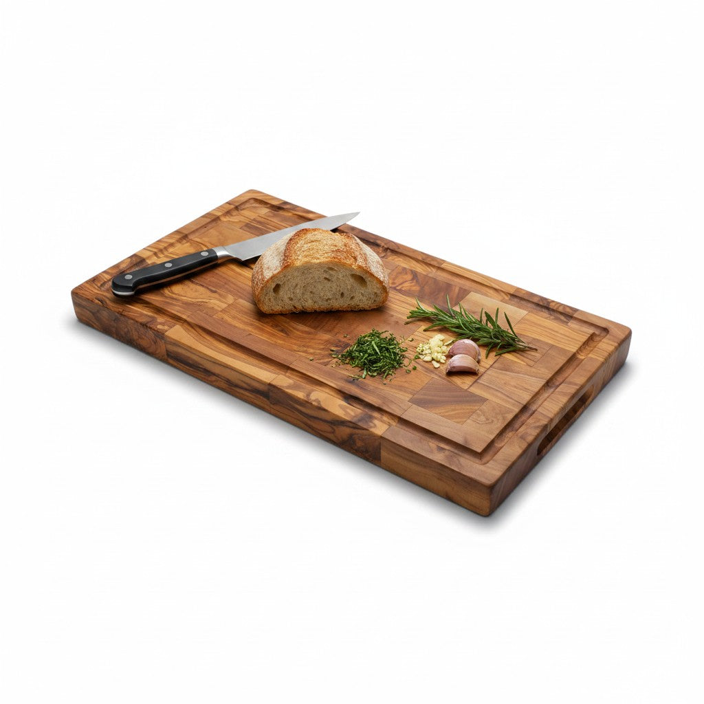 Professional Rectangular End Grain Olive Wood Cutting Board - Heavy Duty Butcher Block with Juice Groove & Handles