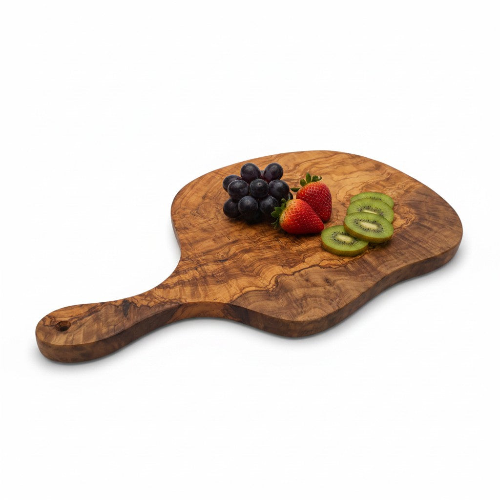 Olive Wood Medium Cutting Board with Handle 39 Handmade Olive Wood Round Freeform Charcuterie Board with Handle | Large Live Edge Cheese & Antipasti Serving Board | Bold Natural Grain | 33–46 cm