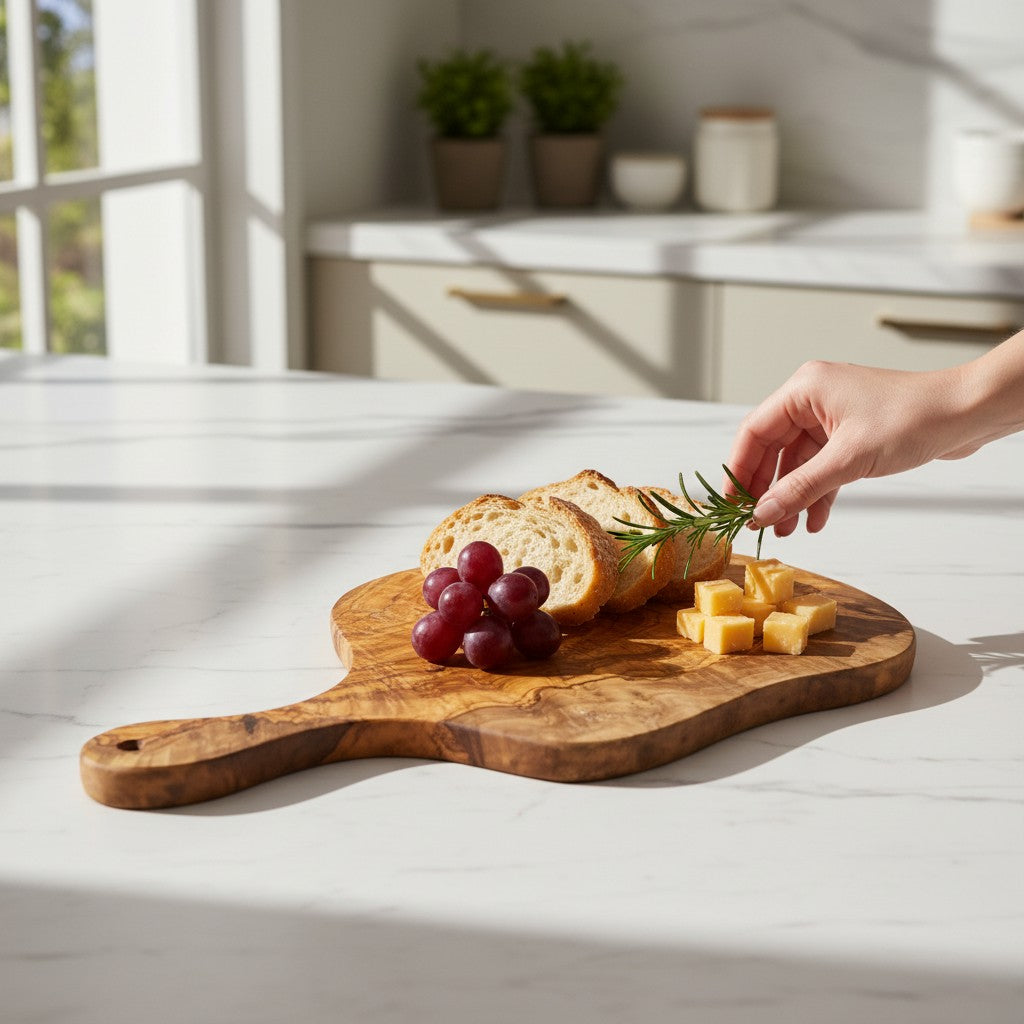 Olive Wood Medium Cutting Board with Handle 39 Handmade Olive Wood Round Freeform Charcuterie Board with Handle | Large Live Edge Cheese & Antipasti Serving Board | Bold Natural Grain | 33–46 cm