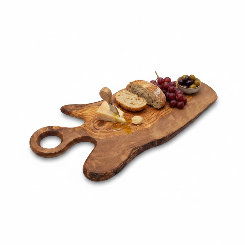 Handmade Olive Wood Freeform Serving Board with Round Loop Handle | Live Edge Cheese Charcuterie & Antipasti Board | Unique Grain | 35–50 cm