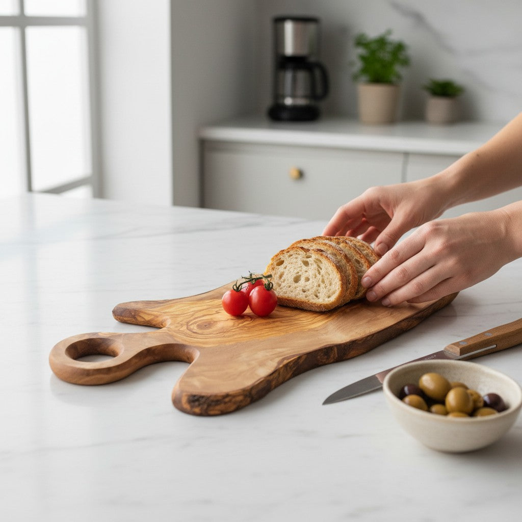 Handmade Olive Wood Freeform Serving Board with Round Loop Handle | Live Edge Cheese Charcuterie & Antipasti Board | Unique Grain | 35–50 cm