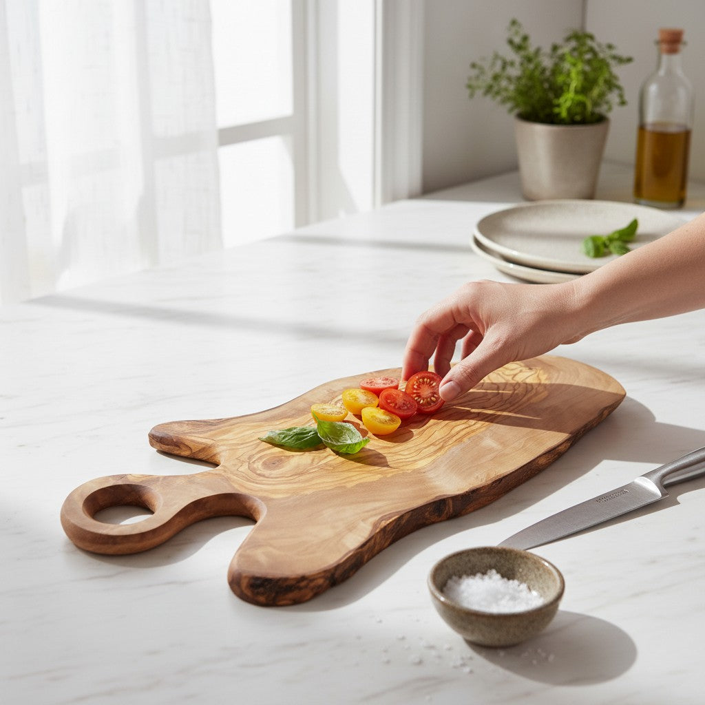 Handmade Olive Wood Freeform Serving Board with Round Loop Handle | Live Edge Cheese Charcuterie & Antipasti Board | Unique Grain | 35–50 cm