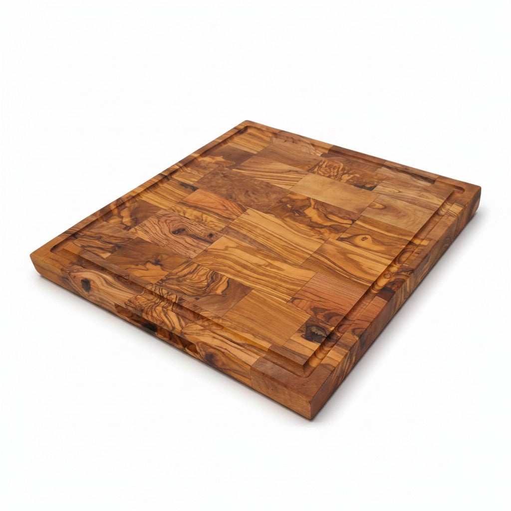 Handmade Square End Grain Olive Wood Chopping Board - Premium Butcher Block with Juice Groove & Side Handles