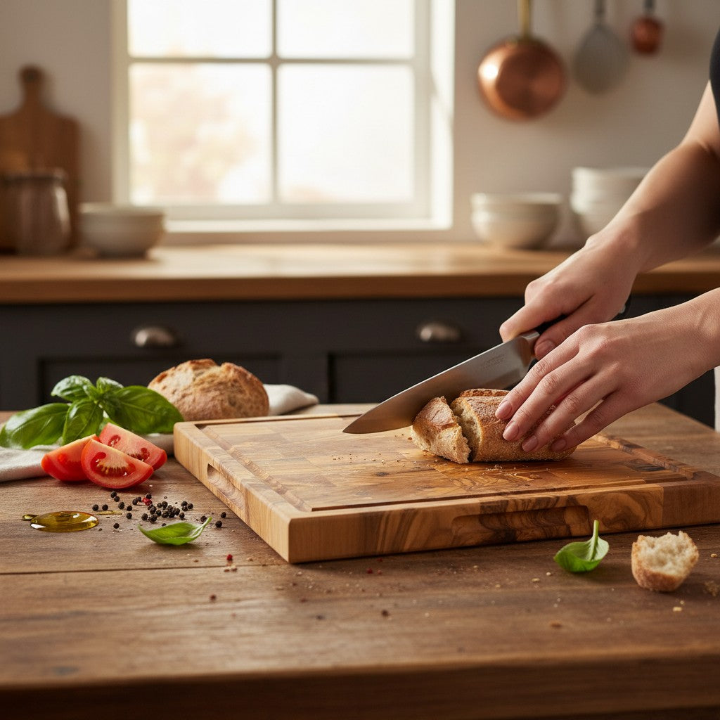 Handmade Square End Grain Olive Wood Chopping Board - Premium Butcher Block with Juice Groove & Side Handles