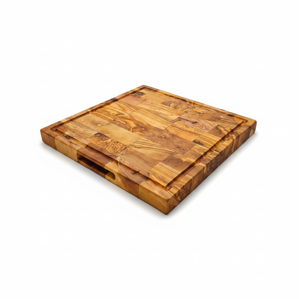 Handmade Square End Grain Olive Wood Chopping Board - Premium Butcher Block with Juice Groove & Side Handles