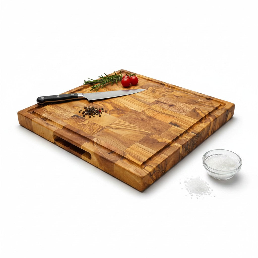 Handmade Square End Grain Olive Wood Chopping Board - Premium Butcher Block with Juice Groove & Side Handles