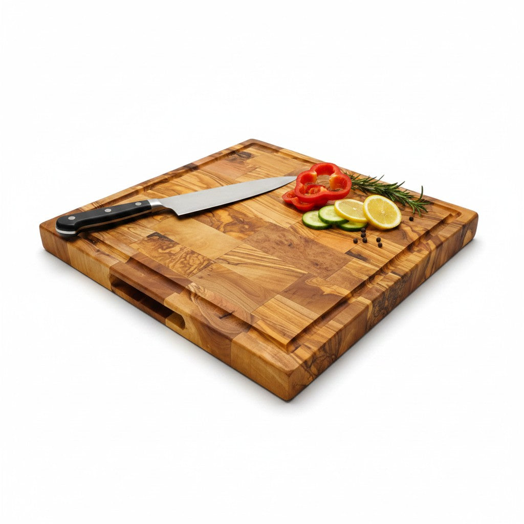 Handmade Square End Grain Olive Wood Chopping Board - Premium Butcher Block with Juice Groove & Side Handles