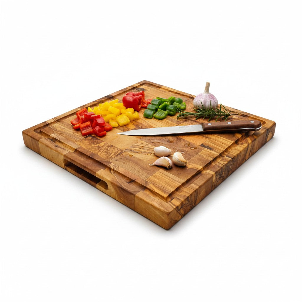 Handmade Square End Grain Olive Wood Chopping Board - Premium Butcher Block with Juice Groove & Side Handles