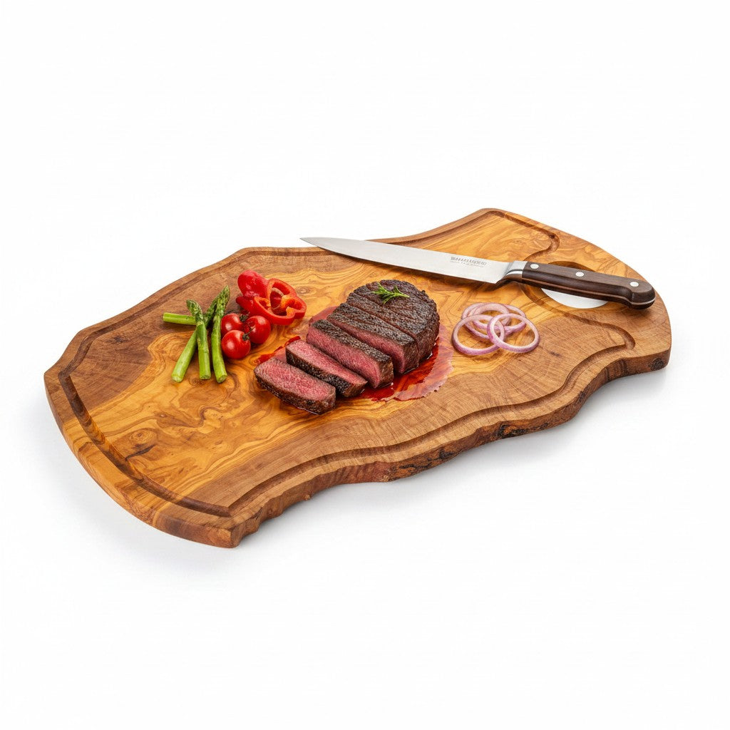 Handmade Olive Wood Burl Board with Handle & Juice Groove | Live Edge Freeform Charcuterie & Serving Board | Unique Grain | Multiple Sizes
