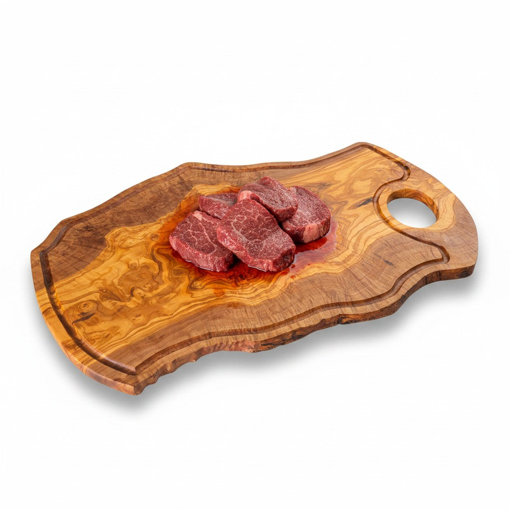 Handmade Olive Wood Burl Board with Handle & Juice Groove | Live Edge Freeform Charcuterie & Serving Board | Unique Grain | Multiple Sizes