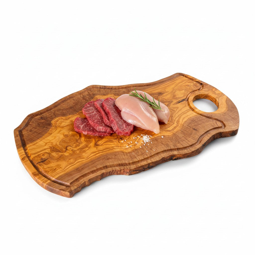 Handmade Olive Wood Burl Board with Handle & Juice Groove | Live Edge Freeform Charcuterie & Serving Board | Unique Grain | Multiple Sizes